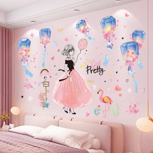 [shijuekongjian] Kong Ming Lantern Wall Stickers DIY Cartoon Girl Mural Decals for Kids Room Baby Bedroom House Decoration