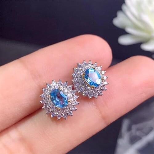 Real 925 Sterling Silver Natural Switzerland Blue Topaz Classic Sunflower Stud Earrings Fine Charm Jewelry for Women