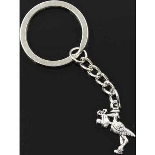 New Fashion Men 30mm Keychain DIY Metal Holder Chain Vintage Stork Baby Bird 23x18mm Silver Color Pendant Gift