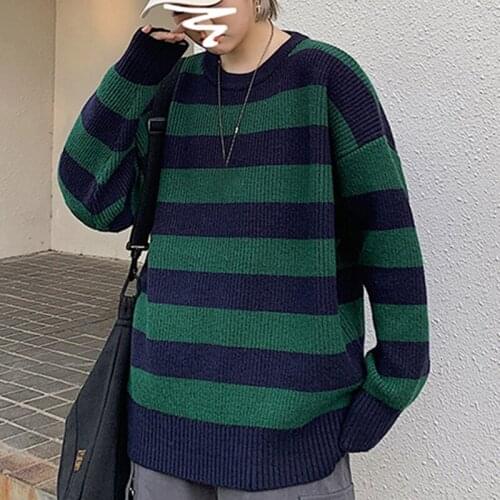 Autumn Green Striped Knitted Sweater Women Winter Pullovers Casual Oversized Sweaters Loose Harajuku Couple Sueter De Mujer