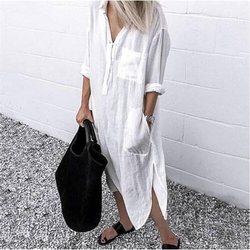 Summer Shirt Dress Spring Vintage Long Sleeve Cotton Split Dresses Loose Oversize Elegant Large Plus Size Office Ladies Tunic