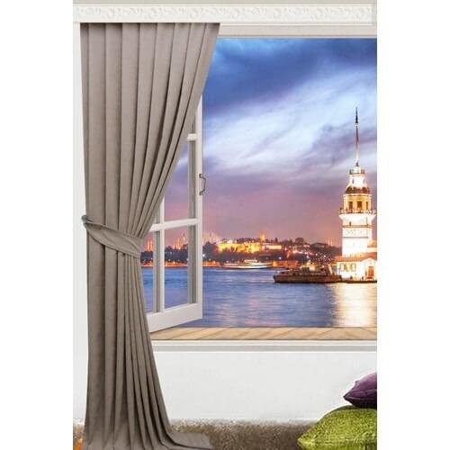 Nature Curtain Fabric Lace-Up Canvas Pleated Backdrop Curtain Milk Coffee 90x260 cm