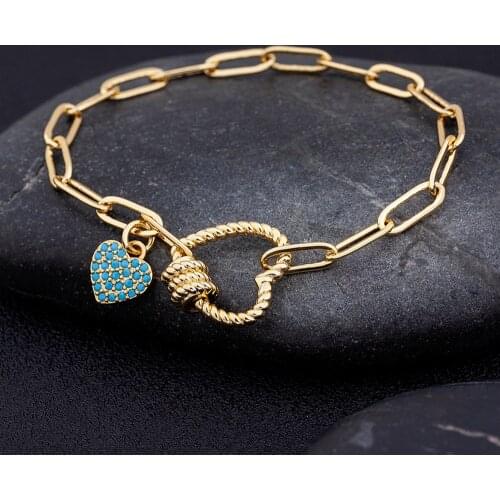 Luxury Classic Blue Of Heart Crystal Bracelet for Women CZ Stone Pendant Bangles Copper Adjustable Gold Color Jewelry Gift 2021