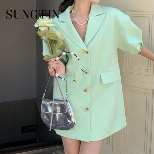 Sungtin Summer Puff Sleeve Blazers Dress Women Korean Fashion Mini Dressse Office Lady Party Blazer Vestidos 2021 New Purple
