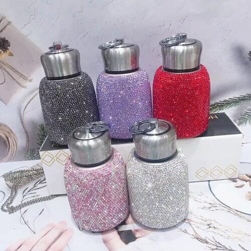 Belly Cup Diamond Thermos Bottle Portable Travel Hot Vacuum Flask With Chain Stainless Steel Water Mug Kettle Women Gifts 220ml