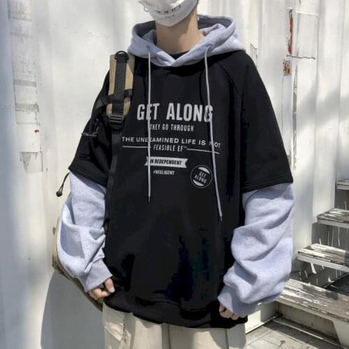 Fake Two-piece Hooded Hoodies Women Sweatshirt Boys Spring/autumn Plus Velvet Thickening Korean Loose Hong Kong Style Lovers