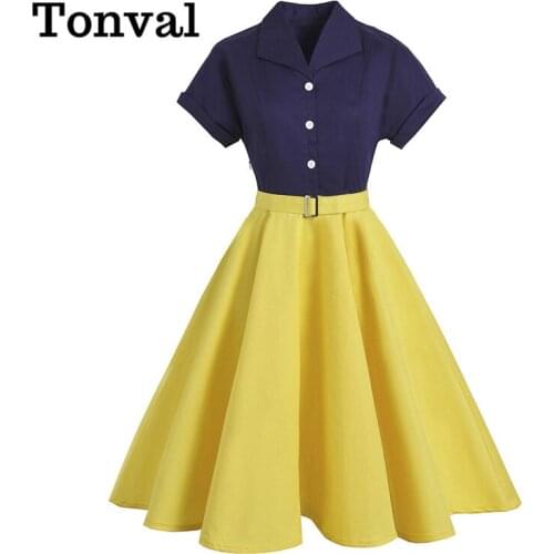 Tonval Turn-Down Collar Buttons Two Tone Elegant Patchwork Cotton Dress 50s Vintage Women Short Sleeve Swing Dresses with Belt