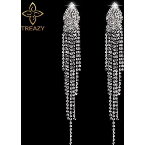 TREAZY Bridal Crystal Long Earrings Sparkling Silver Color Rhinestone Dangle Drop Earrings For Women Wedding Jewelry Accessories