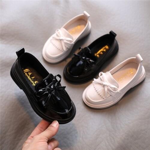 Spring Autumn Girls Shoes Fringed Loafers Bowtie Slip on Shoes For Girl Kids Loafers White Black Casual Shoes Leather non-slip