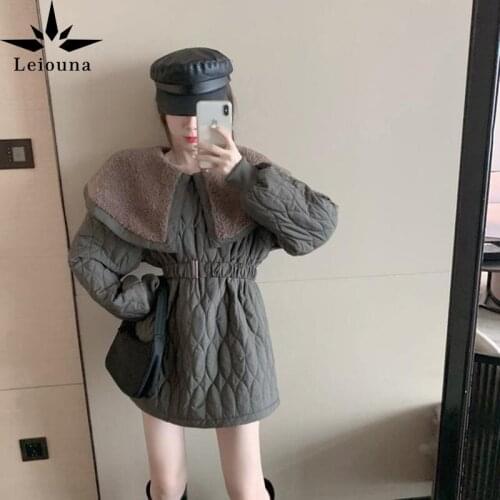 Leiouna Lapel Stitching Lamb Wool Thickened Cotton Coat Belt Argyle Cotton-padded Clothes Loose Close Your Waist Parka Coat