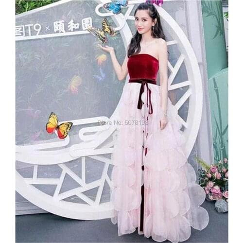 8142Strapless natural A-line floor-length velvet&organza Evening dresses/Celebrity gowns 2019 zipper-up ribbons free shipping