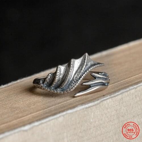 MKENDN Vintage 100% 925 Sterling Silver Dragon Wings Ring For Men and Women Gothic Street Hip Hop Punk Dark Jewelry