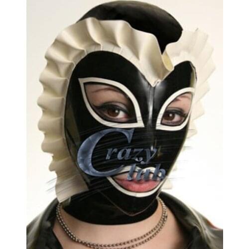 Crazy club_Sexy 100% Natural Latex Handmade Mask Fetish Female Latex Hood Mask Fetish two-tone cap with latex Butterfly folds