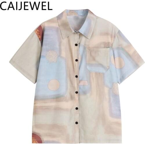 Womens Shirt New 2021 Summer Streetwear Printing Vintage Short Sleeves Polo Collar Baggy Sense of Design TOP Casual Mom Blouse