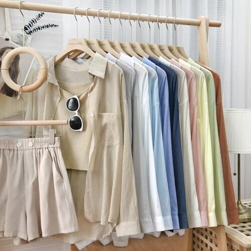 2021 Spring and Autumn Womens Korean Fashion High-end Long-sleeved Solid Color Shirt Loose Casual Japanese Sunscreen Shirt Top