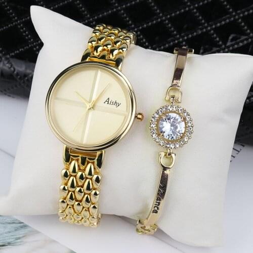 Aishy Women Watch and bracelet watch set 2020 Simple Ladies Quartz Watch Wristwatch Gift for Lady No number Cross dial