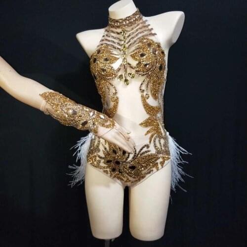 Female Fashion Feather Crystals Halter Sleeveless Latin Dance Slim Performance Costumes Women Sexy Golden Skinny Stage Clothes