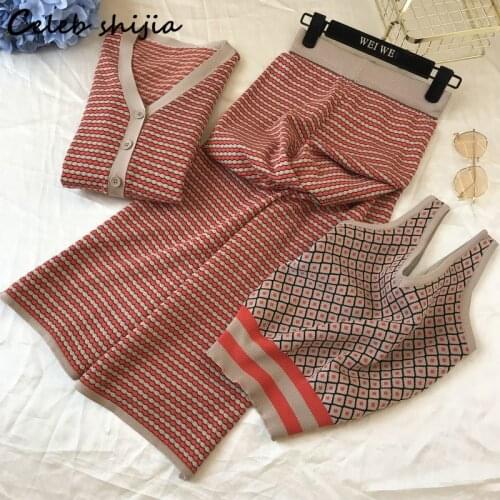 Red Striped Knitted Pant Sets Woman V-neck Sweater and High Waist Pants Korean Fashion Business Elegant Knit 3 Piece Sets Autumn