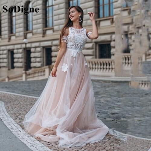 SoDigne Flesh Pink Lace Prom Dress Gala 3D Flower A Line Princess Simple Tulle Party Dresses Women Long Evening Dress