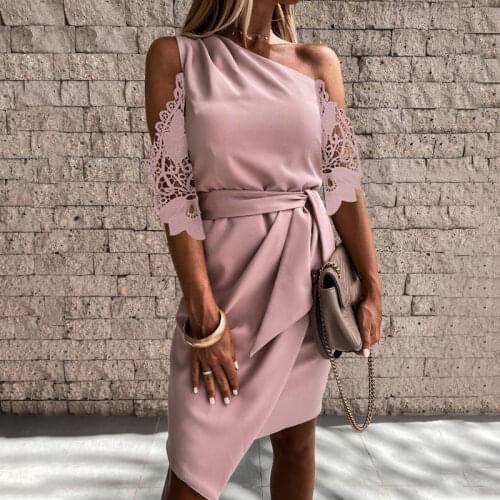 Elegant Women Oblique Shoulder Dress Solid Patchwork Belt Casual Dresses Summer Vintage Bodycon Irregular Ladies Vestidos