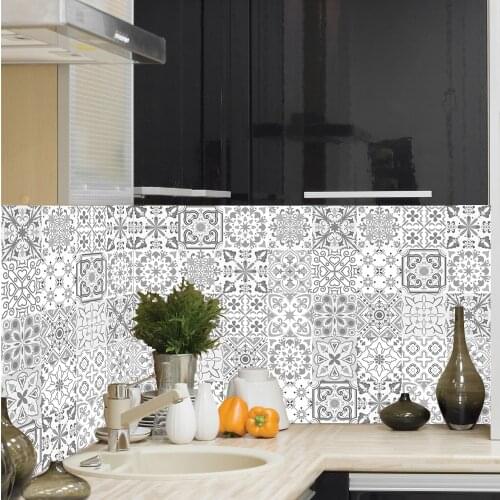 15/20cm European Retro Pattern Gray Strip Tiles Sticker Bathroom Kitchen Backsplash Wallpaper Peel & Stick Waist Line Art Mural
