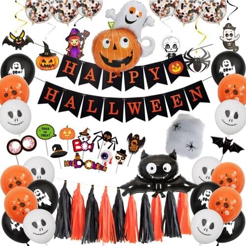 15Pcs Halloween Party Decoration Set Happy Halloween Banner Pumpkin Honeycomb Ghost Smiley Balloon For Halloween Home Decor