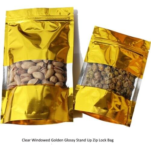2018 100pcs In/ 5sizes Clear Windowed Golden Glossy Stand Up Zipper Lock Bag Self Seal Food Storage Retail Packaging Pouch