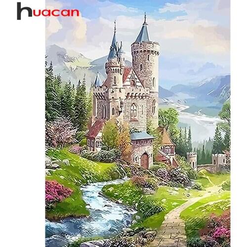 Huacan Diy Diamond Painting Castle Scenery Mosaic Natural Building River Landscape Embroidery Home Decor