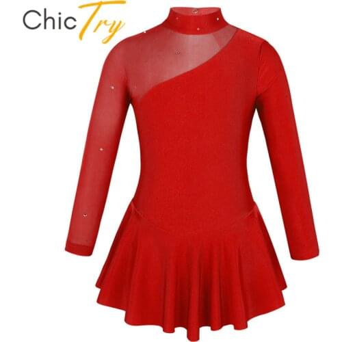 ChicTry Kids Teens Rhinestones Tulle Long Sleeves Ballet Gymnastics Leotard Girls Competition Dance Costume Figure Skating Dress