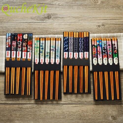 5 Pair Multi Color Natural Handmade Wooden Chopsticks Flat Head Sushi Noodles Food Chop Sticks Japanese Style Kitchen Tools