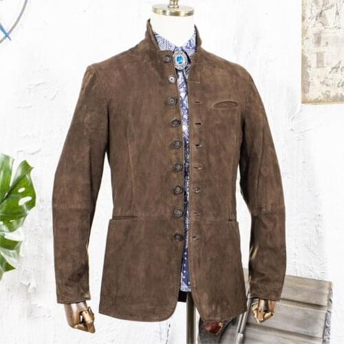 Stylist original suede goatskin suit collar buttons more built-in wire leather garment shape