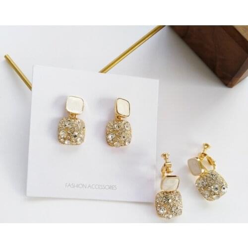 Statement Clip on Earrings 2020 Square Rhinestone Geometric Earrings for Non Pierced Ears Women Luxury Crystal Earring Clips