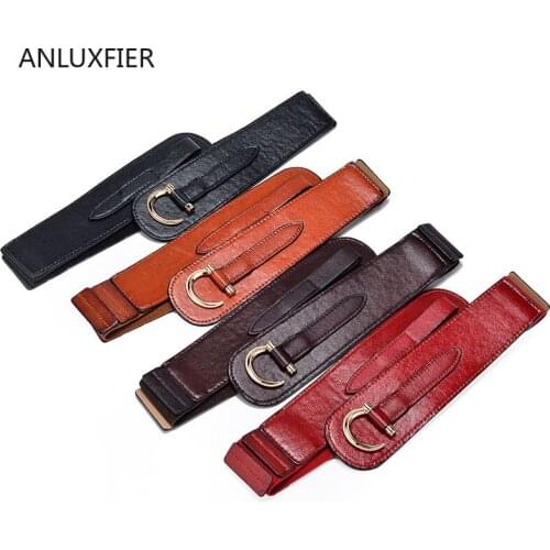 H9830 Retro Elastic Leather Belt Women Fashion Wide Waistband Female Metal Buckle High Quality Simple Elegant Luxury Cummerbunds