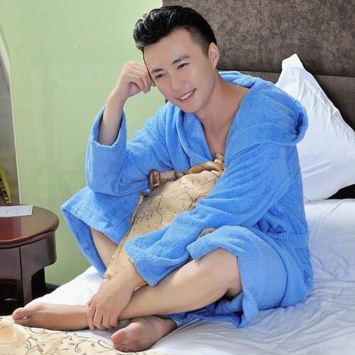 Bath Robe Men 100% Cotton Hooded Bathrobe Sleep Tops Men Winter Plush Pocket Long Robe Luxury Mens Clothing House Robe for Men