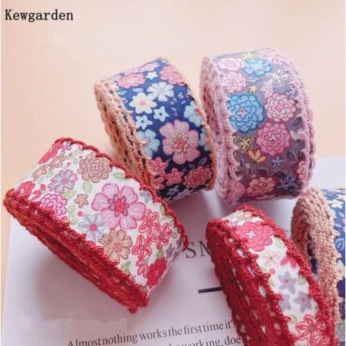 Kewgarden Floral Overlock Edge Ribbons 32mm 12mm DIY Hairbow Accessories Handmade Sewing Crafts Tape Gift Packing 5 Meters