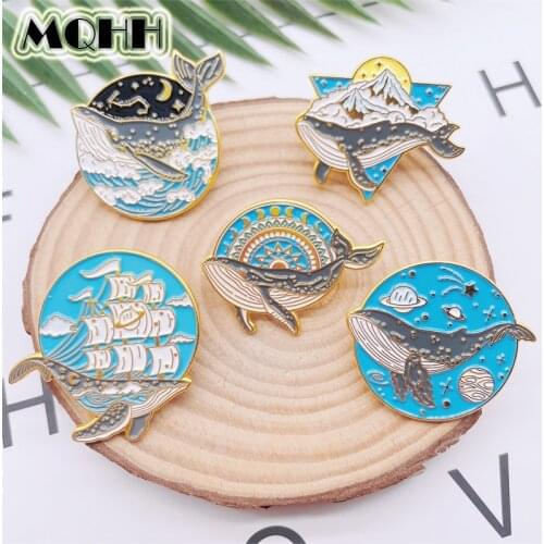 Creative Space Sun Planet Astronaut Enamel Pins Animal Whale Sailing Gold Silver Alloy Brooch Cartoon Fashion Woman Jewelry Gift