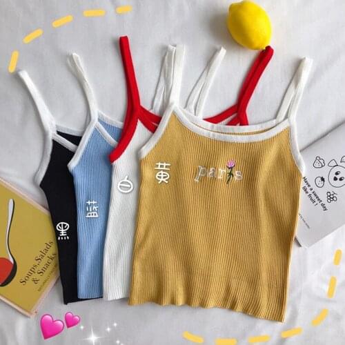 New Cute Womens Paris Embroidery Knitted Camis Vest Short Halter Tops 2019 Summer Women Fashion Black, Yellow, White, Blue