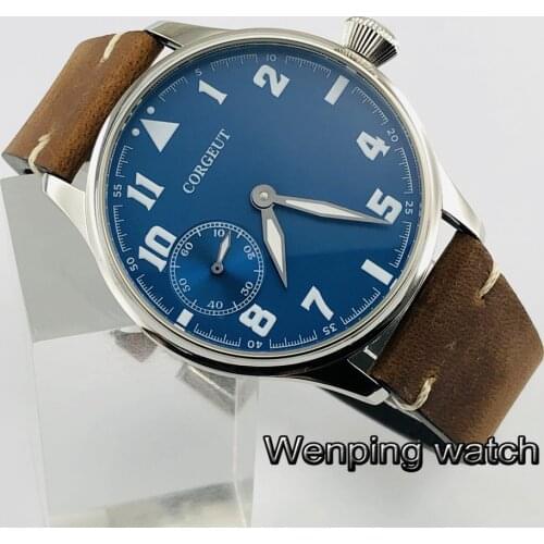 44mm CORGEUT silver case blue dial leather strap 17 Jewels mechanical 6497 hand winding movement luminous mens watch