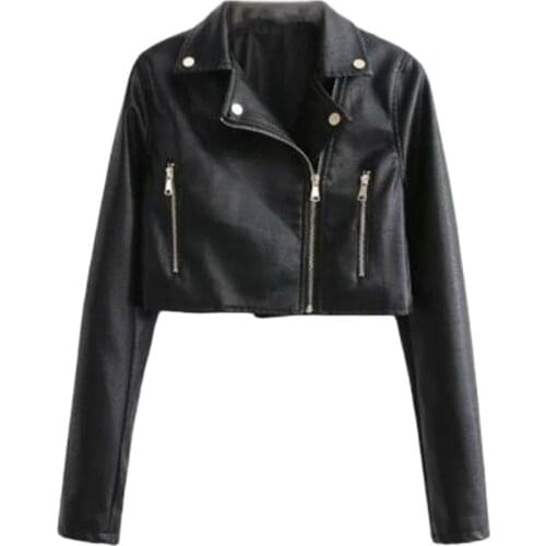 Zipper Fashion Fall 2021 Black Pu Leather Jacket Extra Short Locomotive Leather Coats Motor Vintage Denim Jacket Outerwear Women