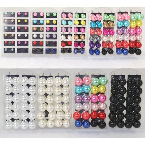 Fashion 12 Pairs/Pack Colorful Round Artificial Pearls Ear Stud Ball Earrings Wholesale Women Lady ball Stud earrings Jewelry
