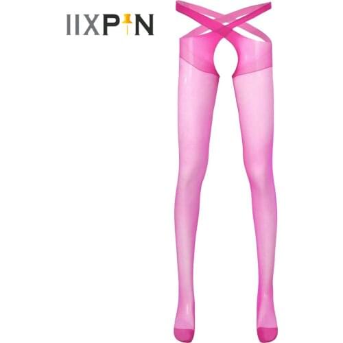Mens Lingerie See-through Thin Pantyhose Hollow Out Open Crotch Stockings Stretchy Cross Tights Erotic Sexy Costume