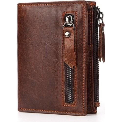 2019 Best Selling Genuine Leather Wallet Mens Wallet Short Fashion Brand Zipper Pocket Oil Wax Leather Coin Purse for Rfid