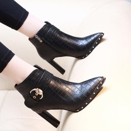 NEW 2020 Sexy Rivets Ankle Boots Fashion Hasp Black Booties Female Pointed Toe High Heels Ladies Zip Boots Shoes
