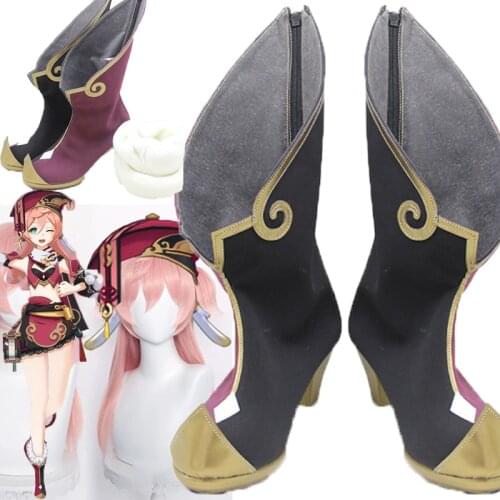 Anime Game Genshin Impact Yanfei shoes Boots Game Aestheticism Yan Fei Cosplay Pink wigs Halloween Party Outfit For Women dress