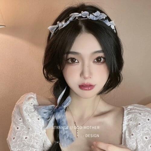 Blue Double Bow Headband Fairy Hair Band Ribbon Tie Hair Summer Go Out Headband Braided Headpiece Hair Clip Hair String