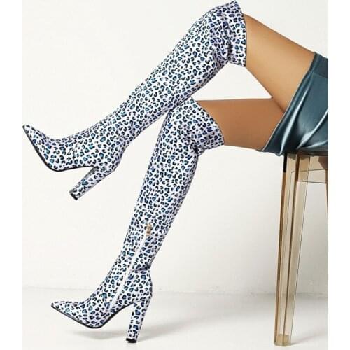 PXELENA Sexy Leopard Thigh High Boots Lady 2021 Winter Zip 11CM Heel Over The Knee Boots Women Party Catwalk Show Plus Size 43