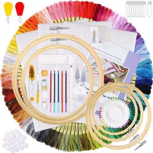 244 Pieces Kit 100 Colors Threads 40 Sewing Pins 3 Pieces Aida Cloth Embroidery Hoops and Cross Stitch Tools for Kids Beginners