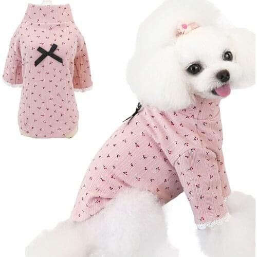 Cute Pet Dog Cat Sweater Hoodies Cherry Pattern Long Sleeve Dog Sweatshirt With Bowknot Bottoming Blouses For Small Dogs Poodle