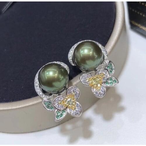D528 Pearl Earrings Fine Jewelry 925 Sterling Silver Round 9-10mm Nature Fresh Water Peacock Green Black Pearls Stud Earrings