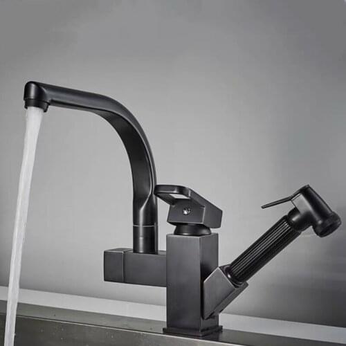 Kitchen Faucets Chrome/Black Brass 360 Rotate Pull Out Kitchen Bilateral Faucet Cold Hot Water Crane Sink Mixer Taps Torneira